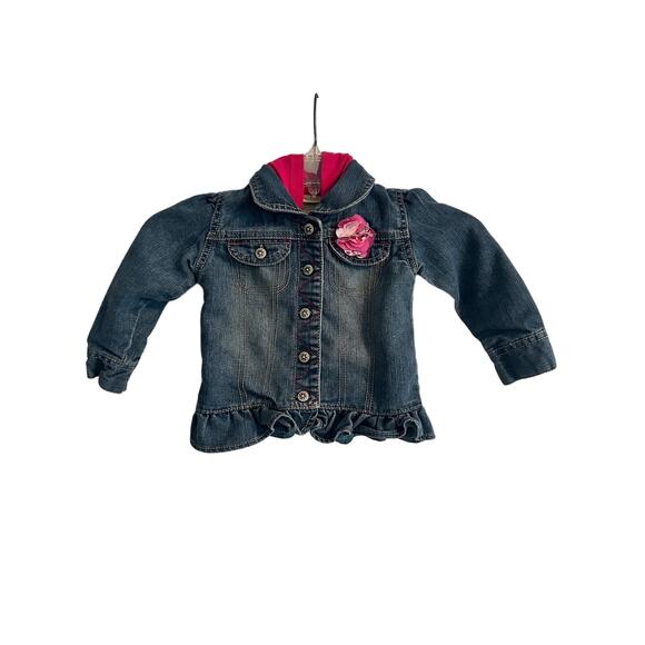 GUC Toddler Girl's Arizona Jean Jacket with Hood Zips Snaps Flower Size 24 Mo - Picture 1 of 7